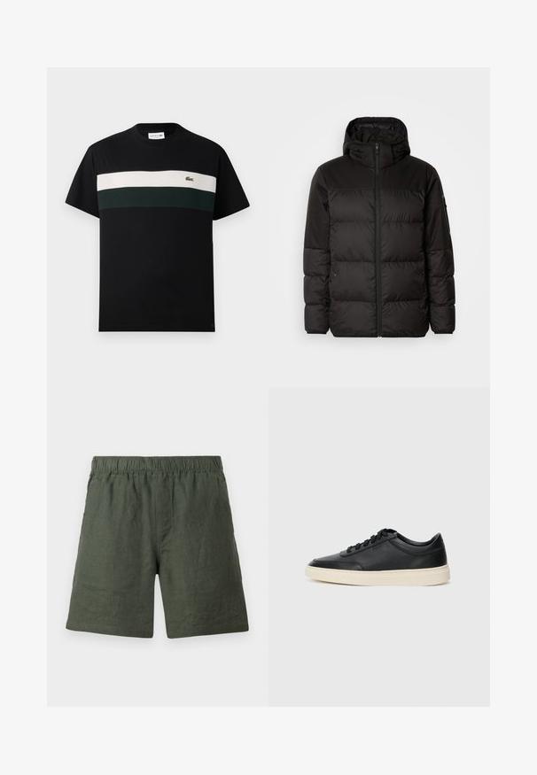 Mustikas puffer-jakk sisaldab tõmblukku, kapuutsi, tikandiga osi ja elastseid mansette, valmistatud siledast veekindlast materjalist.; Must have mustt of cotton, ring neckline, featuring a horizontal stripe in cream and dark green across the chest and a small logo.; Rohelised linased lühikesed püksid elastse vöökoha, sirge jalgade lõike ja sileda tekstuuriga, millel on lihtne õmblus ilma lisakaunistusteta.; Mustad musta nahast madal sneaker mustade nööpidega ja kreemivalge tallaga, nähtud külgprofiilis valge tausta ees.