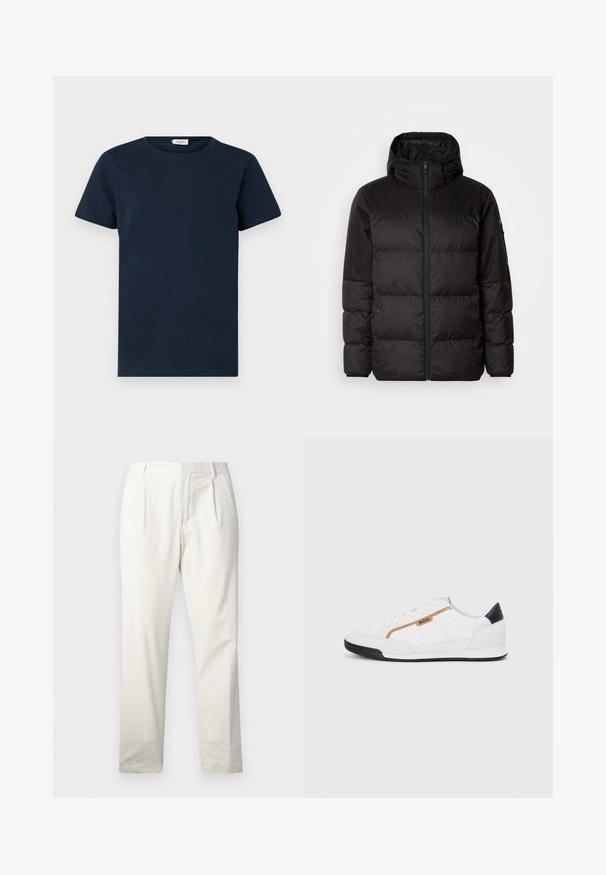 A fekete steppelt dzseki cipzáros záródással, kapucnival, steppelt részekkel és rugalmas mandzsettákkal rendelkezik, sima, vízálló anyagból készült.; Sötétkék pamut póló rövid ujjakkal, kerek nyakkivágással és sima textúrával. Minimalista dizájn, minta vagy díszítés nélkül.; Fehér pamut nadrág, egyenes szárú, elöl redőkkel, sima textúrával és klasszikus derékpánttal.; Fehér sportcipők, hálós és bőr díszítésekkel. Kiemelkedő arany "BOSS" logó, textúrázott oldalpanelekkel és fekete sarokkal. Gumi talp.