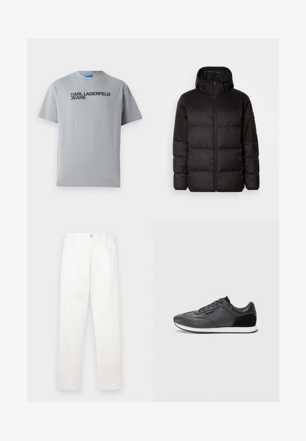 A jaqueta puffer preta apresenta um fecho zip, um capuz, secções acolchoadas e punhos elásticos, confeccionada em um material liso e resistente à água.; T-shirt de algodão cinza com mangas curtas e decote redondo. Texto preto a dizer "KARL LAGERFELD JEANS" na parte da frente.; Calças brancas feitas de um tecido suave, com um design de perna reta, pregas frontais e um fecho de botão único na cintura.; Sapatilhas atléticas negras com parte superior em couro com detalhes perfurados, acabamentos em camurça e sola de borracha branca. Design clássico com atacadores.