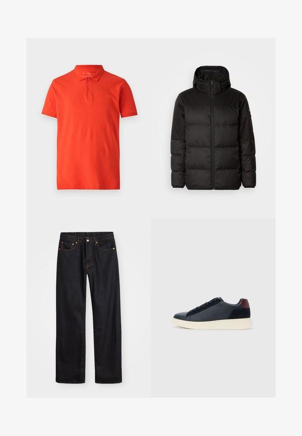 Zwarte pufferjas met ritsluiting, een capuchon, gequiltte secties en elastische manchetten, gemaakt van een glad, waterafstotend materiaal.; Rode polo shirt van smooth katoen, met een klassieke kraag, korte mouwen en drie knopen bij de hals. Eenvoudige geborduurde logo op de borst.; Heren straight-leg zwarte denim jeans met vijf zakken en oranje stiksels, knoop- en ritssluiting op de voorkant van de tailleband.; Lage herensneaker van zwart leer en suede met een bordeauxrode hieltab en een witte rubberen zool, gezien vanuit de buitenkant.