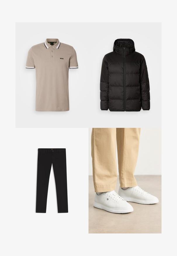 Svart puffjacka med blixtlås, huva, quiltade sektioner och elastiska mudd, tillverkad av ett slätt, vattentåligt material.; Beige polo-shirt med klassisk krage, korta ärmar och detaljer med svartvita accenter. Broderad 'BOSS'-logotyp på bröstet.; Svarta byxor gjorda av tyg med en slät textur. Har en knäppning med knapp, bälteshällor och sidofickor. Standard rakt ben-design.; Vita lädersneakers med en slät yta, rund tå, snörningsdesign och diskret logotypdetalj på sidan, kombinerat med beige byxor.