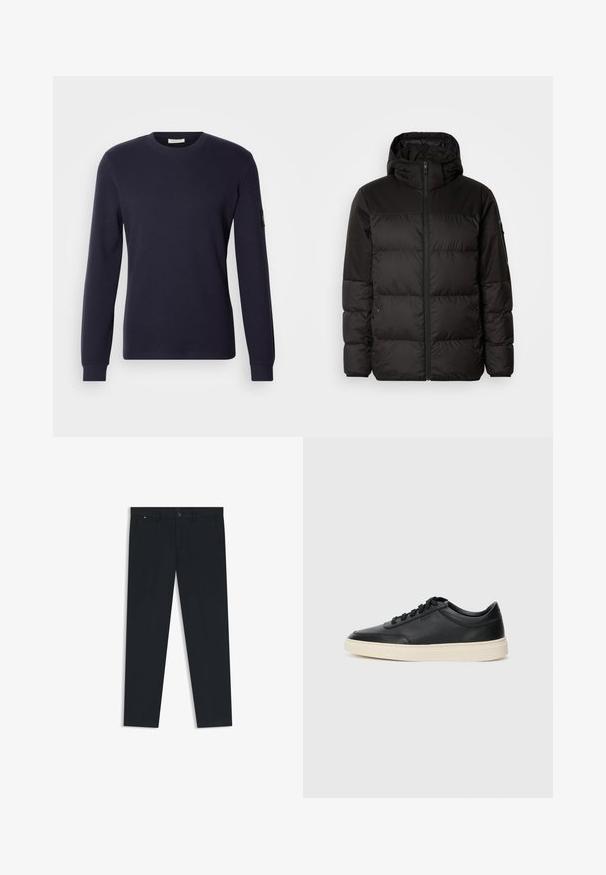 Musta puhvijakku sisältää vetoketjun, hupun, tilkuista koostuvia osioita ja joustavat hihansuut. Se on valmistettu sileästä, vedenpitävästä materiaalista.; Laivastonsininen pitkähihainen crewneck-paita tekstuuripinnalla, jossa on vartalonmyöteinen leikkaus ja ribbaatut hihansuut, sekä brändilogo vasemmassa hihassa.; Miestne tmavomodré nohavice vyrobené z ľahkého materiálu. Majú zapínanie na gombík, pútka na opasok a dve bočné vrecká. Priame nohy.; Musta matalavartinen nahkastretchu, jossa on mustat nauhat ja vaaleanharmaa pohja, esitetty sivuprofiilissa valkoista taustaa vasten.