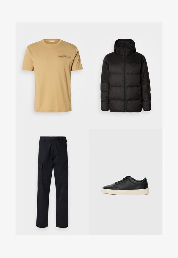 Geacă puffer neagră cu închidere cu fermoar, glugă, secțiuni quilted și manșete elastice, realizată dintr-un material neted, rezistent la apă.; Tricou din bumbac de culoare bej deschis, cu decolteu rotund, mâneci scurte și un logo imprimat cu "GANT 1949" în albastru închis pe piept.; Pantaloni cargo negri, fabricați dintr-un material rezistent, cu un croi dre apt, două buzunare laterale și o închidere cu button la talie.; Sneaker din piele neagră, cu vârf jos, cu șireturi negre și talpă de un alb murdar, prezentat în profil lateral, pe un fundal alb.
