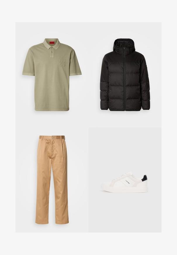 La chaqueta acolchada negra tiene un cierre de cremallera, capucha, secciones acolchadas y puños elásticos, hecha de un material suave y resistente al agua.; Camisa polo caqui con cuello, mangas cortas y logo bordado "HUGO" en el lado izquierdo del pecho. Material de algodón suave, diseño minimalista.; Pantalones caqui, mezcla de algodón, diseño de pierna recta, con pliegues delanteros, trabillas para cinturón y cierre de botón. Textura suave sin patrones.; Zapatillas blancas con acentos en rosa claro y negro, que presentan paneles de cuero suave y gamuza, punta redonda y suela plana de goma.