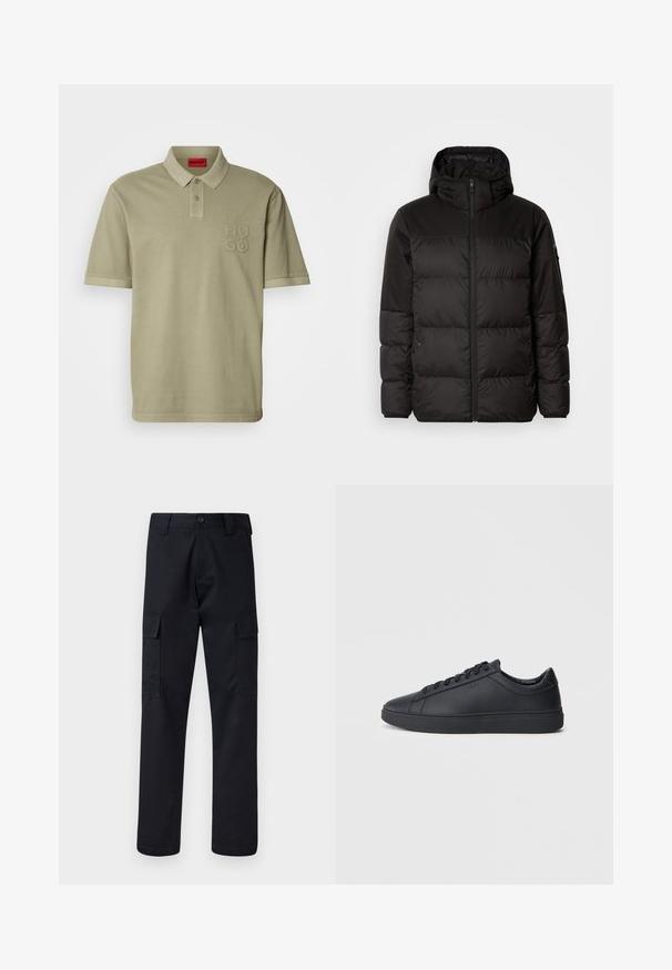 Juodas pūkinis švarkas turi užtrauktuką, gobtuvą, siūlinčius skyrius ir elastinius rankogalius, pagamintas iš lygaus, vandeniui atsparaus medžiagos.; Khaki polo marškiniai su apykakle, trumpomis rankovėmis ir išsiuvinėtu "HUGO" logotipu ant kairės krūtinės. Lygus medvilnės audinys, minimalistinis dizainas.; Juodi cargo kelnės, pagamintos iš tvirto audinio, su tiesiu kirpimu, dviem šoninėmis kišenėmis ir mygtukiniu užsegimu juosmenyje.; Juodi sportbačiai, pagaminti iš lygaus odos, su žemu dizainu, apvalia nosimi ir plokščiu guminiu padu. Yra raišteliai ir subtilus ženklinimas.