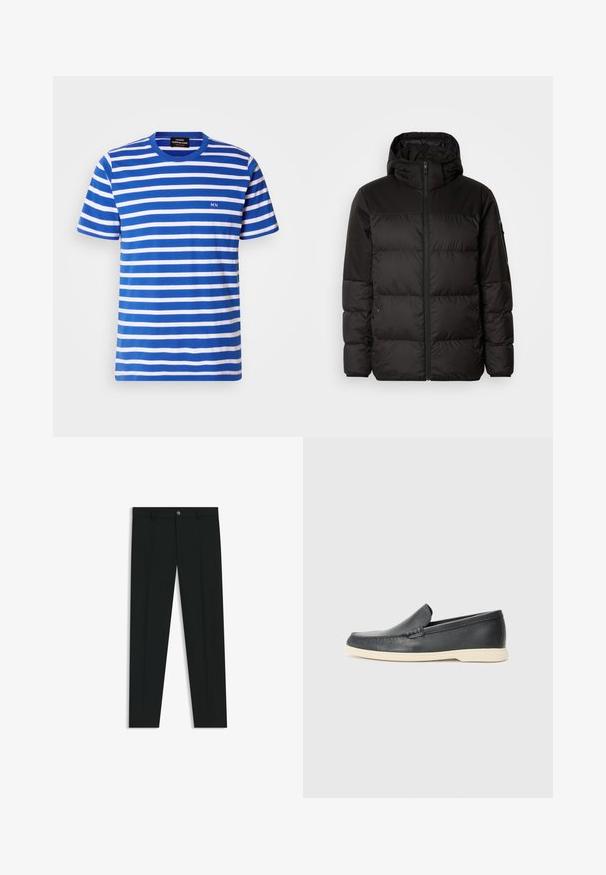 Black puffer jacket features a zip closure, a hood, quilted sections, and elastic cuffs, made from a smooth, water-resistant material.; Striped t-shirt in blue and white, made from cotton. Features a crew neck and a small "MN" logo on the chest, short sleeves.; Black dress pants with a straight-leg design, made of smooth fabric. Features a front button closure and belt loops. Plain without patterns.; Black leather slip-on loafers with a textured finish and a contrasting beige rubber sole. Features a subtle accent along the front.