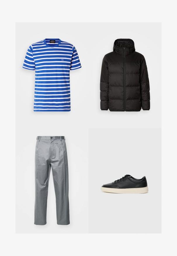 Crna puf jakna ima zatvaranje na zip, kapuljaču, kviltane dijelove i elastične manžete, izrađena je od glatkog, vodootpornog materijala.; Prugasta majica u plavoj i bijeloj boji, napravljena od pamučne tkanine. Ima okrugli izrez i mali logo "MN" na prsima, kratke rukave.; Sive pamučne hlače s ravnim krojem, koje imaju prednje dugme za zatvaranje, petlje za pojas i bočne džepove.; Crne niske kožne tenisice s crnim vezicama i kremasto bijelom potplatom prikazane u bočnom profilu na bijeloj pozadini.