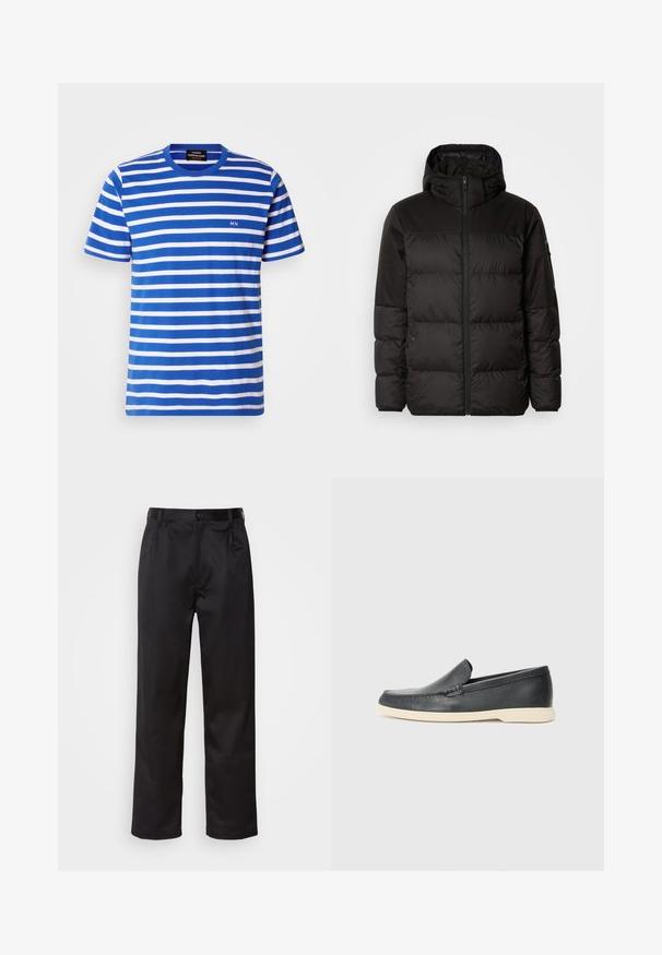 Melna pūkainā jakā iezīmes ir rāvējslēdzēja aizdare, kapuce, kvadrātveida šuves un elastīgas aproces, izgatavota no gludas, ūdensizturīgas vielas.; Zilgi un baltas svītrots T-krekls, izgatavots no kokvilnas. Tam ir apaļa izgriezne, maza "MN" logo uz krūškurvja un īsas piedurknes.; Melnas bikses, kas izgatavotas no gludas auduma, ar priekšējo pogu aizdari, krokām un taisnām kājām. Nav redzamu rakstu vai akcentu.; Melni ādas kurpes, kas valkājas uz slip-on principa, ar teksturētu apdari un kontrastējošu beigu gumijas zoli. Iespējama smalka apdare priekšpusē.