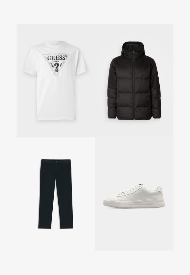 Black puffer jacket features a zip closure, a hood, quilted sections, and elastic cuffs, made from a smooth, water-resistant material.; White cotton t-shirt featuring a black and colorful triangle logo with text. Short sleeves and a round neckline, smooth texture.; Dark navy chinos made from cotton blend fabric. Features belt loops, front pockets, and a zipper fly with button closure.; White sneakers with a smooth leather upper, round toe, lace-up closure, and a thick rubber sole. Subtle logo on the side.