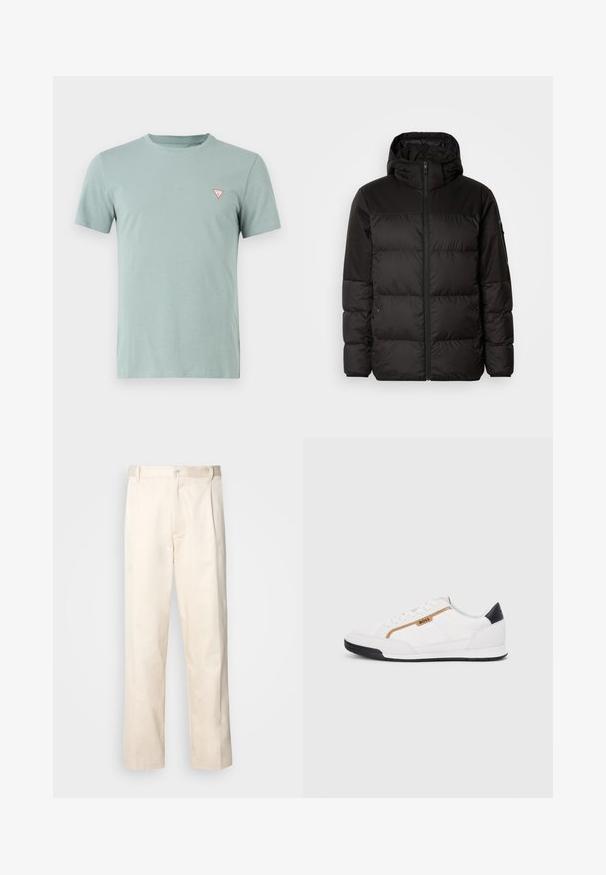 Černá péřová bunda má zipový uzávěr, kapuci, prošívané části a elastické manžety, vyrobená z hladkého, voděodolného materiálu.; Svetle zelené bavlněné tričko s kulatým výstřihem a krátkými rukávy. Obsahuje malé červené trojúhelníkové logo na levé hrudi.; Bežové bavlněné kalhoty se střihy rovného nohavice, s knoflíkovým zapínáním a záhyby vpředu pro zvýraznění detailu.; Bílé sportovní boty s akcenty z meshe a kůže. Mají zlaté logo "BOSS", texturované boční panely a černý podpatek. Gumová podrážka.