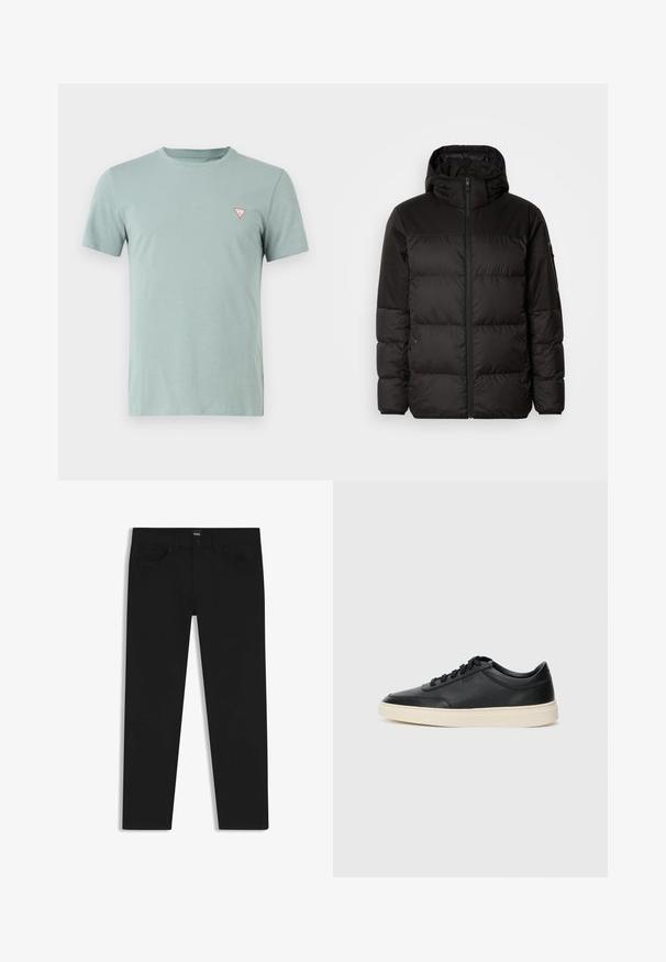 Zwarte pufferjas met ritsluiting, een capuchon, gequiltte secties en elastische manchetten, gemaakt van een glad, waterafstotend materiaal.; Lichtgroen katoenen T-shirt met een ronde hals en korte mouwen. Bevat een klein rood driehoeklogo op de linkerkant van de borst.; Zwarte denim broek met een rechte snit, voorzien van een standaard tailleband, vijf zakken en een knoopsluiting. Gladde textuur overal.; Zwarte leren sneaker met lage schacht, zwarte veters en off-white zool, weergegeven in zijprofiel op een witte achtergrond.