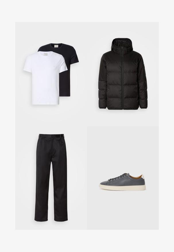 Črna zimska jakna ima zadrgo, kapuco, prešite odseke in elastične manšete, izdelana je iz gladkega, vodoodpornega materiala.; Dve majice s kratkimi rokavi, ena bela in ena črna, iz mehkega bombaža. Obe imata enostaven dizajn in majhen logotip na prsih.; Črne hlače iz gladkega materiala, ki imajo sprednjo zaponko, naborke in ravne noge. Brez vidnih vzorcev ali okraskov.; Sive usnjene superge z okroglo konico, gumijastim podplatom, ravnimi vezalkami in svetlimi poudarki na peti. Gladka textura in minimalističen dizajn.