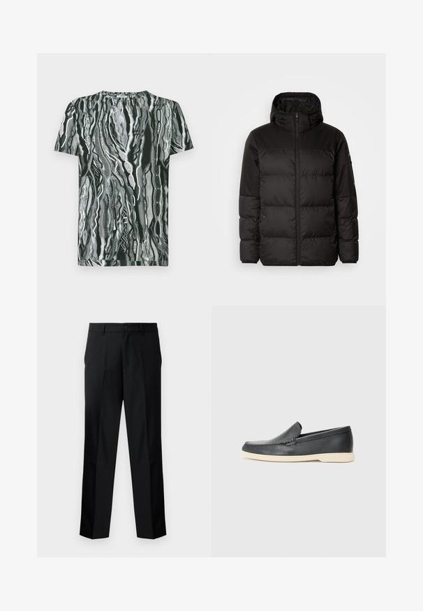 Il giubbotto puffo nero presenta una chiusura con zip, un cappuccio, sezioni trapuntate e polsini elastici, realizzato in un materiale liscio e resistente all'acqua.; T-shirt a maniche corte con motivo onde astratte in bianco e nero, caratterizzata da scollo rotondo e tessuto in cotone liscio.; Pantaloni neri su misura con taglio dritto, dotati di chiusura a bottone, zip e passanti per cintura. Tessuto liscio con tasche laterali.; Mocassini neri in pelle con finitura testurizzata e suola in gomma beige a contrasto. Presentano un accento sottile lungo la parte anteriore.