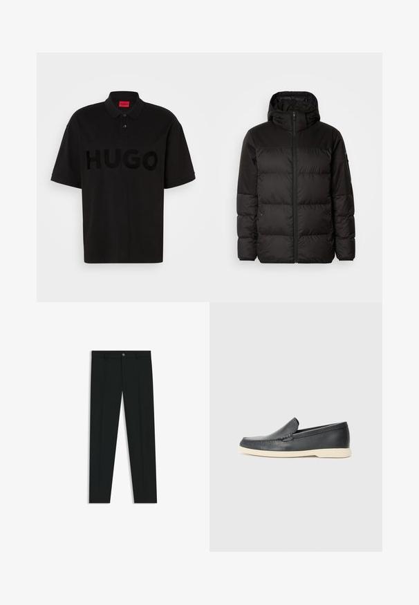 Sort pufferjakke med lynlås, hætte, quiltede sektioner og elastiske manchetter, lavet af et glat, vandafvisende materiale.; Sort polo skjorte lavet af bomuld, med et stort, tonet "HUGO" logo på forsiden, krave med to knapper og korte ærmer.; Sorte dressbukser med lige ben-design, lavet af glat stof. Har en frontlukning med knap og bæltestropper. Enkle uden mønstre.; Sorte læder slip-on loafers med en struktureret overflade og en kontrasterende beige gummisål. Har en subtil detalje langs forsiden.