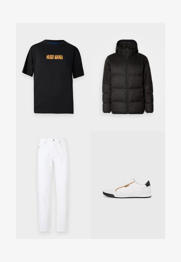Black puffer jacket features a zip closure, a hood, quilted sections, and elastic cuffs, made from a smooth, water-resistant material.; Black cotton t-shirt with short sleeves, featuring "HUGO MANIA" printed in orange on the front. Round neckline, casual fit.; White denim jeans with a straight-leg fit, featuring a classic five-pocket design and metal button closure. Minimalistic style with no patterns.; White athletic shoes with mesh and leather accents. Features a gold "BOSS" logo, textured side panels, and a black heel cap. Rubber sole.