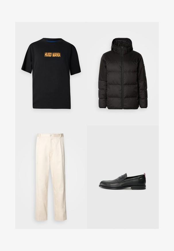 Černá péřová bunda má zipový uzávěr, kapuci, prošívané části a elastické manžety, vyrobená z hladkého, voděodolného materiálu.; Černé bavlněné tričko s krátkým rukávem, na přední straně s potiskem "HUGO MANIA" v oranžové barvě. Kulatý výstřih, volný střih.; Bežové bavlněné kalhoty se střihy rovného nohavice, s knoflíkovým zapínáním a záhyby vpředu pro zvýraznění detailu.; Černé kožené mokasíny s texturovaným předním panelem a hladkými stranami. Mají štíhlý podpatek a zadní poutko pro snadné obouvání. Klasický design.