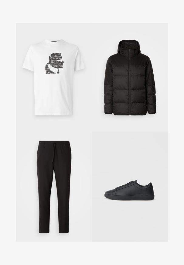Black puffer jacket features a zip closure, a hood, quilted sections, and elastic cuffs, made from a smooth, water-resistant material.; White cotton t-shirt featuring a black silhouette of a profile with overlapping text and signatures, creating a pattern effect.; Black jogger pants made of smooth fabric. Feature an elastic waistband with a drawstring, tapered legs, and no visible pockets. Simple design.; Black sneakers made of smooth leather with a low-top design, round toe, and flat rubber sole. Features laces and subtle branding.