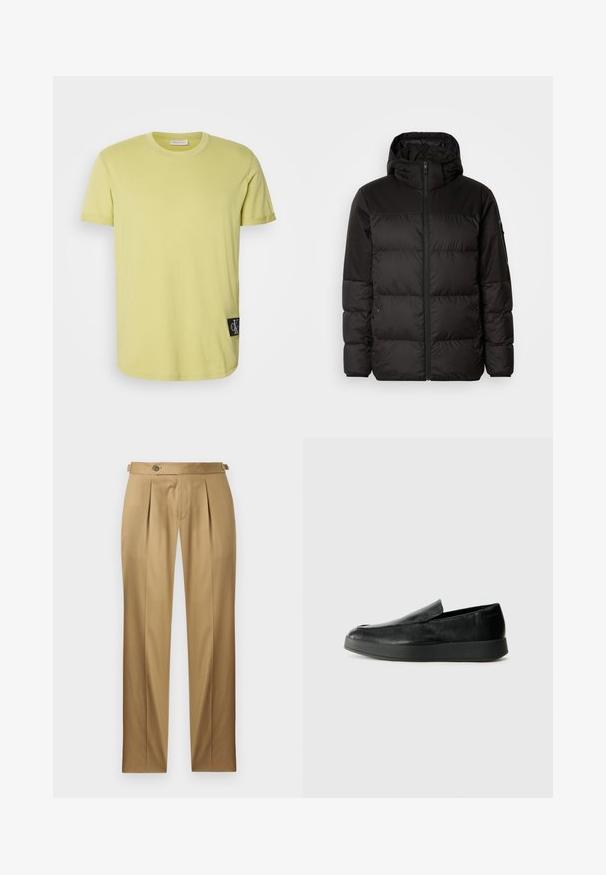 Musta puhvijakku sisältää vetoketjun, hupun, tilkuista koostuvia osioita ja joustavat hihansuut. Se on valmistettu sileästä, vedenpitävästä materiaalista.; Vihreä limen väri puuvillapaita, jossa on pyöreä kaula-aukko, lyhyet hihat ja musta CK-logo -pieniä läpivientiä vasemmalla puolella helman lähellä.; Beiget suoralahkeiset housut, joissa on laskokset, napillinen suljenta ja vyölenkit. Sileä kangas ja siisti, räätälöity ilme.; Calvin Klein HYBRID CUP - Loaferit/pistokkaat - triple black