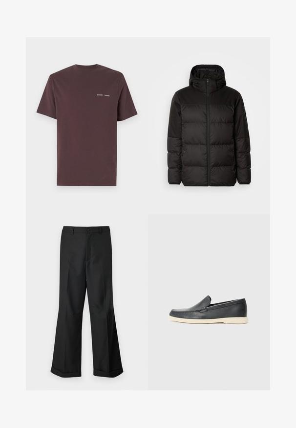 La chaqueta acolchada negra tiene un cierre de cremallera, capucha, secciones acolchadas y puños elásticos, hecha de un material suave y resistente al agua.; Camiseta de algodón burdeos con mangas cortas y cuello redondo, con el nombre de la marca "Samsoe Samsoe" impreso en blanco en el pecho.; Pantalones anchos negros con cintura abotonada y dobladillos con puños, exhibidos sobre un fondo blanco liso.; Mocasines de piel negra sin cordones con un acabado texturizado y una suela de goma beige en contraste. Presentan un sutil acento en la parte frontal.