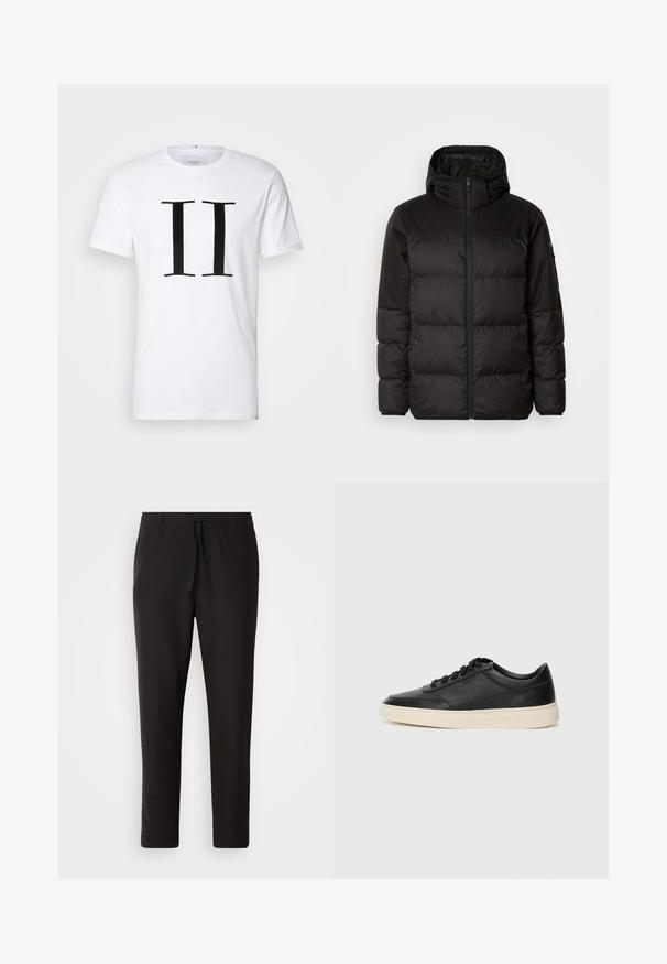 Black puffer jacket features a zip closure, a hood, quilted sections, and elastic cuffs, made from a smooth, water-resistant material.; White cotton t-shirt featuring a bold black “II” print at the center. Classic crew neck and short sleeves. Smooth texture, relaxed fit.; Black jogger pants made of smooth fabric. Feature an elastic waistband with a drawstring, tapered legs, and no visible pockets. Simple design.; Black low-top leather sneaker with black laces and off-white sole shown in side profile on white background.