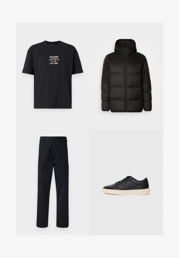 Melna pūkainā jakā iezīmes ir rāvējslēdzēja aizdare, kapuce, kvadrātveida šuves un elastīgas aproces, izgatavota no gludas, ūdensizturīgas vielas.; Melna kokvilnas T-kreklu ar baltu drukātu logotipu "GUESS CALIFORNIA L.A. Est.1981", kas ir centrēts uz krūšu daļu. Klasiska apaļa kakla dizains.; Melni kravas bikses, kas izgatavotas no izturīga auduma, ar taisnu kāju griezumu, divām sānu kabatām un pogu aizdari jostas vietā.; Melnas zemas ādas sporta kurpes ar melnām auklām un off-white zoli, rādītas no sānu profila uz baltā fona.