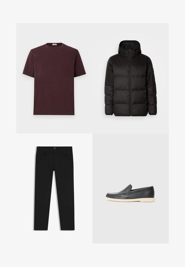 La chaqueta acolchada negra tiene un cierre de cremallera, capucha, secciones acolchadas y puños elásticos, hecha de un material suave y resistente al agua.; Camiseta de algodón burdeos con cuello redondo, mangas cortas y un corte relajado. Sin logotipos ni patrones visibles. Textura suave.; Pantalones de mezclilla negros con corte recto, que cuentan con una cinturilla estándar, cinco bolsillos y un cierre de botón. Textura suave en toda su superficie.; Mocasines de piel negra sin cordones con un acabado texturizado y una suela de goma beige en contraste. Presentan un sutil acento en la parte frontal.