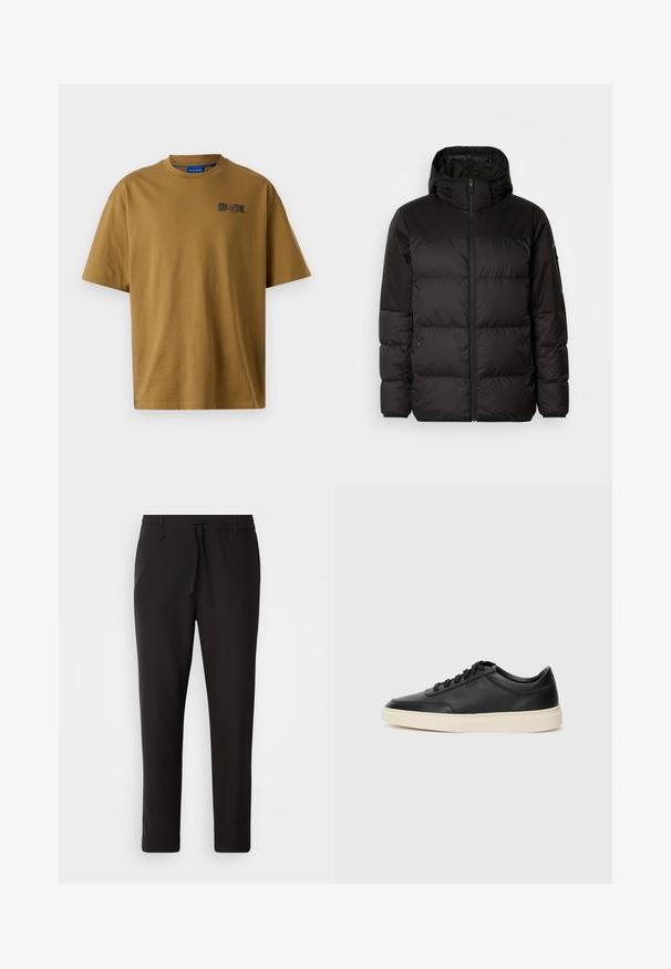 La chaqueta acolchada negra tiene un cierre de cremallera, capucha, secciones acolchadas y puños elásticos, hecha de un material suave y resistente al agua.; Camiseta de algodón marrón con cuello redondo, mangas cortas y un pequeño logo negro en el área del pecho izquierdo. Textura suave.; Pantalones de chándal negros de tejido suave. Cuentan con una cintura elástica con cordón, piernas ajustadas y sin bolsillos visibles. Diseño sencillo.; Zapatilla negra de piel de caña baja con cordones negros y suela color crema, mostrada en perfil lateral sobre fondo blanco.