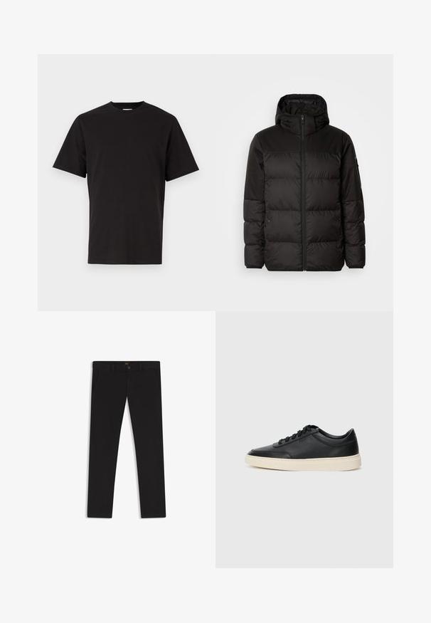 Sort pufferjakke med lynlås, hætte, quiltede sektioner og elastiske manchetter, lavet af et glat, vandafvisende materiale.; Sort bomulds T-shirt med rund hals, korte ærmer og diskret broderet tekst på brystet. Glat tekstur, standard pasform.; Sorte bukser lavet af stof med en glat tekstur. Har en knaplukning, bæltestropper og sidelommer. Standard design med lige ben.; Sort lavt top lædersneaker med sorte snørebånd og off-white sål vist i sideprofil på hvid baggrund.