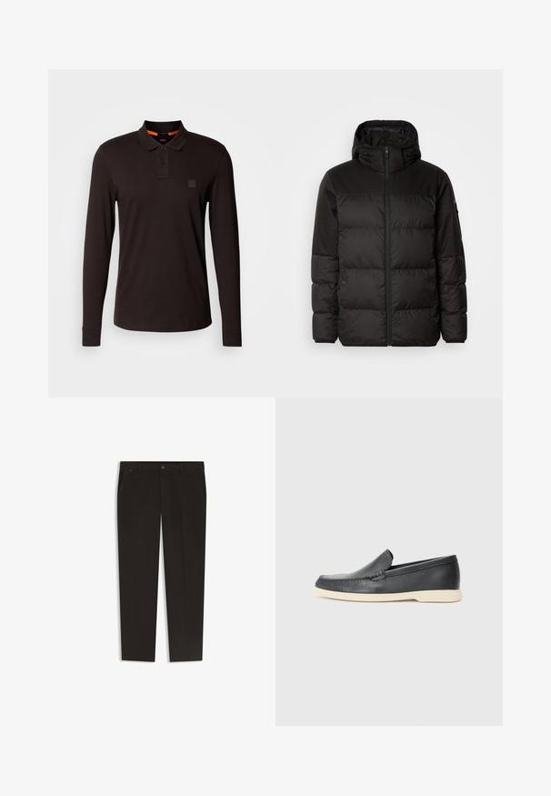 Musta puhvijakku sisältää vetoketjun, hupun, tilkuista koostuvia osioita ja joustavat hihansuut. Se on valmistettu sileästä, vedenpitävästä materiaalista.; Tummanruskea puuvillaitse pitkähihaisessa polo-paidassa, jossa on kaksinapellinen kaulus, hienovaraisesti kohokuvioitu logo-merkki ja kontrastivärinen oranssi sisäkaulus.; Mustat housut suoran lahkeen designilla, valmistettu sileästä kankaasta. Varustettu napilla suljettavalla vyötäröllä ja etutaskuilla. Ei näkyviä kuvioita tai yksityiskohtia.; Mustat nahkakengät ilman nauhoja, joissa on teksturoitu pinta ja kontrastoiva beige kumipohja. Kengissä on hillitty yksityiskohta etuosassa.