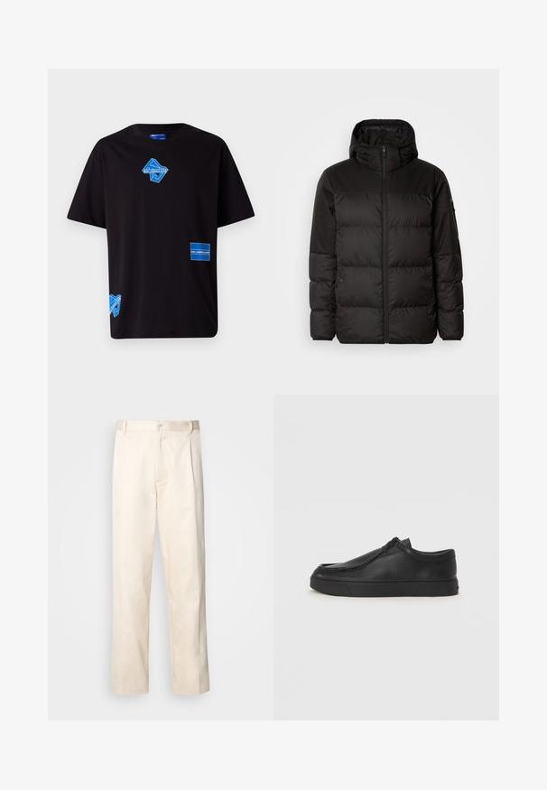 A jaqueta puffer preta apresenta um fecho zip, um capuz, secções acolchoadas e punhos elásticos, confeccionada em um material liso e resistente à água.; T-shirt de algodão preto com impressões gráficas azuis, incluindo um logótipo e um rótulo retangular, com mangas curtas e um corte descontraído.; Calças de algodão bege com corte reto, apresentando um fecho de botão e pregas na frente para um detalhe adicional.; Sapata slip-on de couro preto com biqueira arredondada, detalhes cosidos e sola de borracha preta. Textura suave com design minimalista.