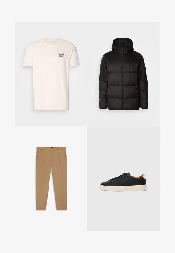 Black puffer jacket features a zip closure, a hood, quilted sections, and elastic cuffs, made from a smooth, water-resistant material.; Cream-colored cotton t-shirt with a round neck, short sleeves, and a small navy print on the chest reading "GANT 32 EAST 39TH ST. NEW YORK."; Beige trousers featuring a smooth texture, straight-cut design, front pockets, and a button closure at the waist.; Black leather sneakers with a smooth texture, beige rubber sole, lace-up design, and a contrasting heel accent.