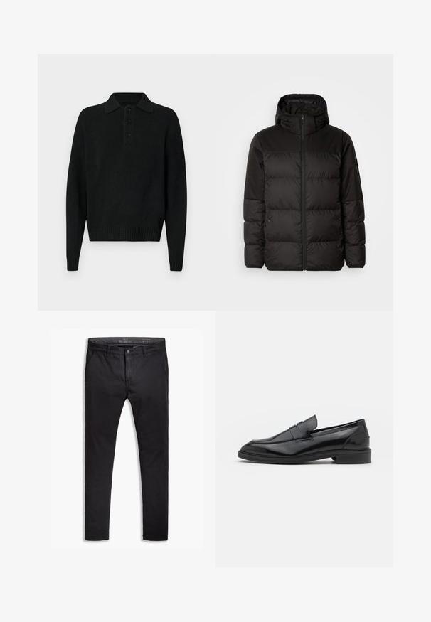 Black puffer jacket features a zip closure, a hood, quilted sections, and elastic cuffs, made from a smooth, water-resistant material.; Black long-sleeve knit sweater with collar and three buttons on the chest, ribbed cuffs and hem, displayed on a white background.; Black cotton chinos with a tapered fit, featuring five pockets, belt loops, and a smooth texture. Zip fly with a button closure.; Black leather loafers with a smooth finish, featuring a rounded toe and a narrow band across the upper. Low stacked heel.