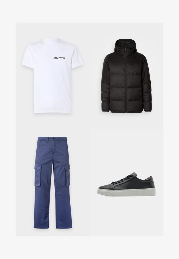 Črna zimska jakna ima zadrgo, kapuco, prešite odseke in elastične manšete, izdelana je iz gladkega, vodoodpornega materiala.; Bela bombažna majica s kratkimi rokavi, okroglo ovratnikom in črnim logotipom "KARL LAGERFELD JEANS" na levem prsnem predelu.; Mornarske cargo hlače iz trpežnega blaga, ki vključujejo stranske žepe, ravno krojenje in gumbasto zaklepanje v pasu.; Črne usnjene teniske z gladko teksturo, okroglo konico in črnimi vezalkami. Imajo debel bel gumijast podplat s subtilnimi geometrijskimi poudarki.