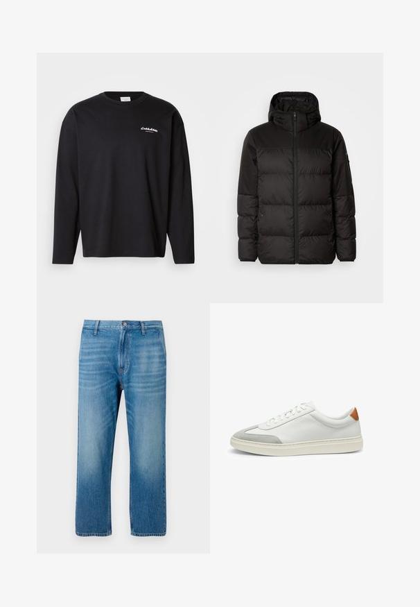 Sort pufferjakke med lynlås, hætte, quiltede sektioner og elastiske manchetter, lavet af et glat, vandafvisende materiale.; Sort langærmet t-shirt lavet af bomuld med rund hals. Har hvidt logo på venstre bryst og en afslappet pasform. Glat tekstur.; Lys blå denimbukser med lige pasform, fem lomme-design, knaplukning og subtil falmning på forsiden. Ingen synlige mønstre.; Hvide lædersneakers med grå ruskindsdetaljer og en tan læderhæltap. Har en struktureret overflade og en let sål.