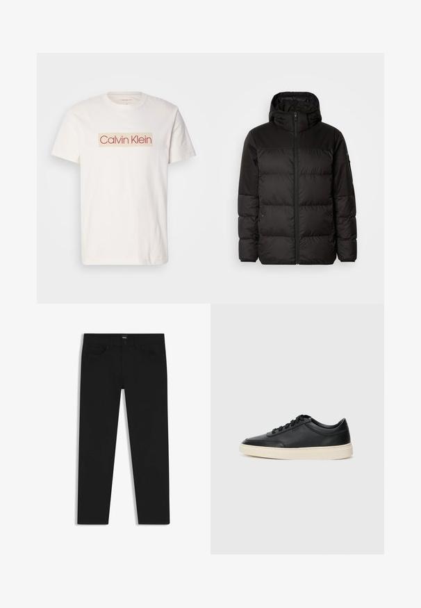 Schwarze Pufferjacke mit Reißverschluss, Kapuze, gesteppten Abschnitten und elastischen Bündchen, hergestellt aus einem glatten, wasserabweisenden Material.; Weißes Baumwoll-T-Shirt mit einem quadratischen Logo, das "Calvin Klein" in Rot und Beige zeigt. Kurze Ärmel und ein Rundhalsausschnitt.; Schwarze Denim-Hosen mit geradem Schnitt, ausgestattet mit einem Standardbund, fünf Taschen und einem Knopfverschluss. Angenehme, glatte Textur.; Schwarzer niedriger Ledersneaker mit schwarzen Schnürsenkeln und cremefarbenem Sohlenrand, seitlich auf weißem Hintergrund dargestellt.