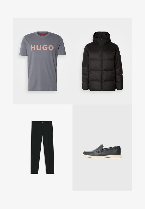 Svart puffjacka med blixtlås, huva, quiltade sektioner och elastiska mudd, tillverkad av ett slätt, vattentåligt material.; Grå bomull t-shirt med korta ärmar, med stor ljusrosa "HUGO"-text tryckt på framsidan och rund halsringning.; Svarta dressbyxor med rak bendesign, gjorda av ett mjukt tyg. Har stängning med frontknapp och bälteshällor. Enfärgade utan mönster.; Svarta läder slip-on loafers med en texturerad yta och en kontrasterande beige gummisula. Har en subtil accent längs fram.