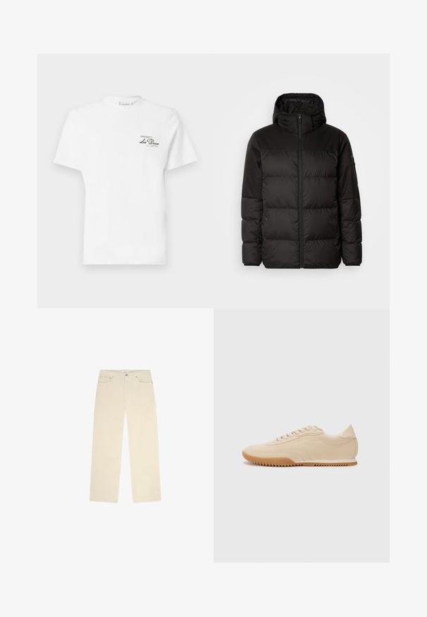 La chaqueta acolchada negra tiene un cierre de cremallera, capucha, secciones acolchadas y puños elásticos, hecha de un material suave y resistente al agua.; Camiseta de algodón blanca con cuello redondo, mangas cortas, que presenta un pequeño logotipo negro impreso en el lado izquierdo del pecho. Textura suave, ajuste estándar.; Pantalones de pana beige con un diseño de pierna recta, que presentan dos bolsillos frontales y una textura acanalada sutil. Incluye detalles de metal.; Zapatillas de ante beige con un diseño aerodinámico, que presentan un upper texturizado, puntera redondeada y una suela de goma con un patrón de zigzag.