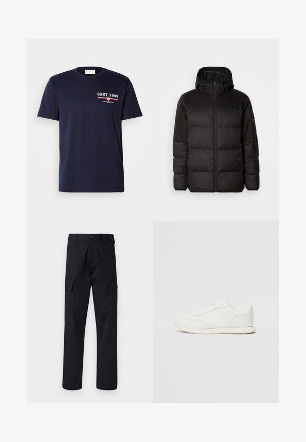 Crna puf jakna ima zatvaranje na zip, kapuljaču, kviltane dijelove i elastične manžete, izrađena je od glatkog, vodootpornog materijala.; Tamno plava pamučna majica s bijelim logotipom "GANT 1949" i crvenim akcentima, okrugli izrez, kratki rukavi, glatka tekstura, osnovni kroj.; Crne cargo hlače od čvrstog materijala, s ravnim krojem, dva bočna džepa i dugmetom za zatvaranje na pojasu.; Bijela tenisica s gornjim dijelom od mrežice i sintetičkog materijala, okrugli vrh, ravne vezice i teksturirani bočni trak. Gumeni potplat s petnim trakicom.