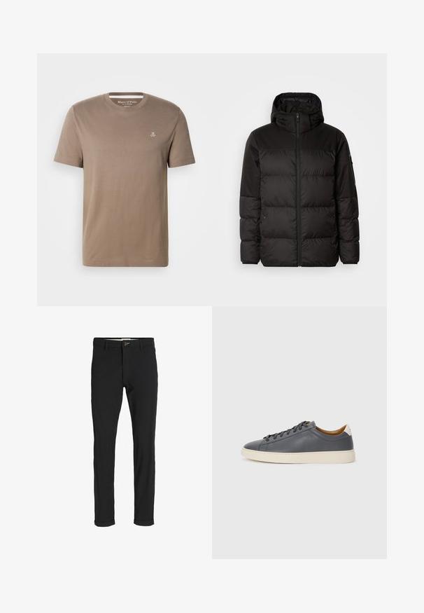 Black puffer jacket features a zip closure, a hood, quilted sections, and elastic cuffs, made from a smooth, water-resistant material.; Taupe short-sleeve cotton t-shirt with crew neck and small white "M OP" logo on the upper left chest by Marc O'Polo.; Black cotton blend pants with a slim fit, featuring a button closure, pockets, and rolled cuffs for a casual finish.; Gray leather sneaker with round toe, rubber sole, flat laces, and light-colored accents on the heel. Smooth texture and minimalist design.
