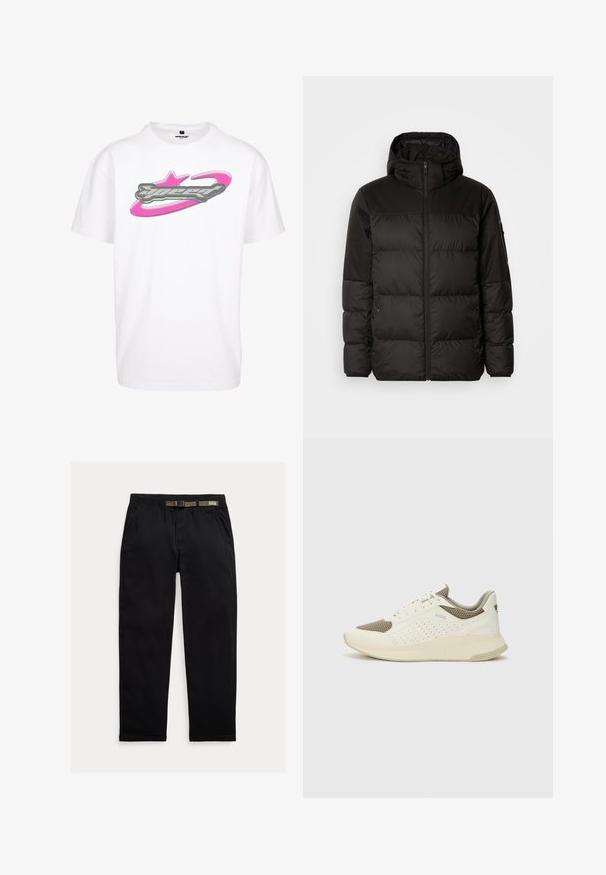 Musta puhvijakku sisältää vetoketjun, hupun, tilkuista koostuvia osioita ja joustavat hihansuut. Se on valmistettu sileästä, vedenpitävästä materiaalista.; Valkoinen puuvillapaita, jossa on suuri harmaa ja vaaleanpunainen "speed"-grafiikka, jossa on tähti- ja orbittimuotoilu painettuna eteen.; Mustat housut, jotka on valmistettu kevyestä kankaasta. Niissä on joustava vyötärö, johon on integroitu vihreä vyö, suora lahje ja sivutaskut.; Valkoinen ja vaaleanbeige urheilukengät, joissa on verkkomateriaali yläosa, rei'itettyjä yksityiskohtia ja teksturoitu välipohja, jossa on brändäys kantapäässä.