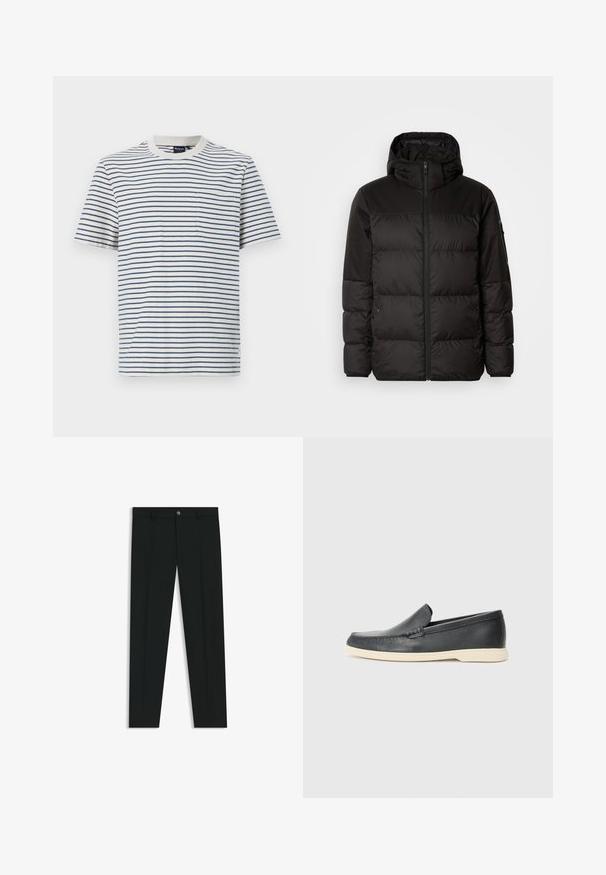 Czarna kurtka puchowa z zapięciem na zamek, kapturem, pikowanymi sekcjami i elastycznymi mankietami, wykonana z gładkiego, wodoodpornego materiału.; Pasiasta koszulka w białym i granatowym kolorze, z krótkim rękawem, okrągłym dekoltem, z kieszenią na lewej piersi. Wykonana z miękkiej bawełnianej tkaniny.; Czarne spodnie materiałowe z prostymi nogawkami, wykonane z gładkiego materiału. Posiadają zamek na guzik z przodu oraz szlufki na pasek. Gładkie, bez wzorów.; Czarne skórzane slip-ony w stylu loafers z teksturowanym wykończeniem i kontrastującą beżową gumową podeszwą. Posiadają delikatny akcent wzdłuż przodu.