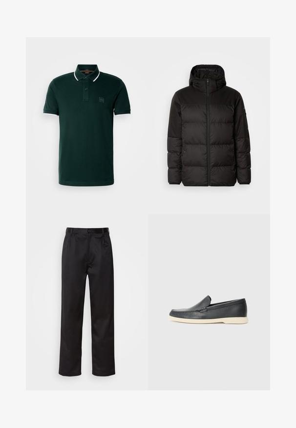 A fekete steppelt dzseki cipzáros záródással, kapucnival, steppelt részekkel és rugalmas mandzsettákkal rendelkezik, sima, vízálló anyagból készült.; Sötétzöld pólóing pamutból készült. Két gombos gallérjával, fehér díszítéssel a galléron és az ujjakon, valamint logóval a mellkason.; Fekete nadrág sima anyagból, elülső gombos záródással, redőkkel és egyenes szárral. Nincsenek látható minták vagy díszítések.; Fekete bőr, slip-on stílusú loaferek, texturált felülettel és kontrasztos bézs gumitalppal. A frontrészén finom díszítéssel rendelkezik.