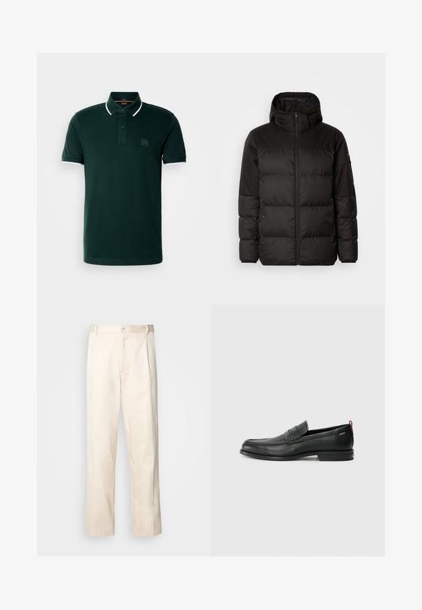 Czarna kurtka puchowa z zapięciem na zamek, kapturem, pikowanymi sekcjami i elastycznymi mankietami, wykonana z gładkiego, wodoodpornego materiału.; Ciemnozielona koszulka polo wykonana z bawełny. Posiada plosek z dwoma guzikami, białe akcenty na kołnierzyku i rękawach oraz naszywkę z logo na piersi.; Beżowe bawełniane spodnie o prostym kroju nogawki, z zapięciem na guziki i plisami z przodu dla dodatkowego zdobienia.; Czarne skórzane mokasyny z teksturowanym frontem i gładkimi bokami. Posiadają smukłą podeszwę i tylną pętelkę dla łatwego zakładania. Klasyczny design.
