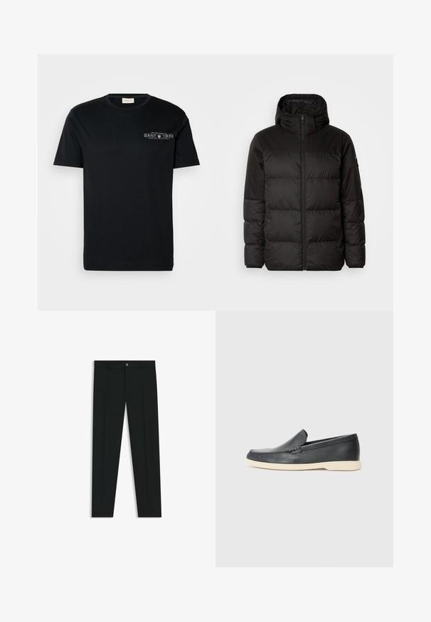 Musta puhvijakku sisältää vetoketjun, hupun, tilkuista koostuvia osioita ja joustavat hihansuut. Se on valmistettu sileästä, vedenpitävästä materiaalista.; Musta puuvillapaita, jossa on lyhyet hihat, pyöreä kaula-aukko ja pienen valkoisen grafiikan teksti vasemmalla rinta-alueella. Yksinkertainen, normaali istuvuus.; Musta housut, joissa on suora lahje, valmistettu sileästä kankaasta. Edessä nappisulku ja vyölenkit. Yksinkertainen ilman kuvioita.; Mustat nahkakengät ilman nauhoja, joissa on teksturoitu pinta ja kontrastoiva beige kumipohja. Kengissä on hillitty yksityiskohta etuosassa.