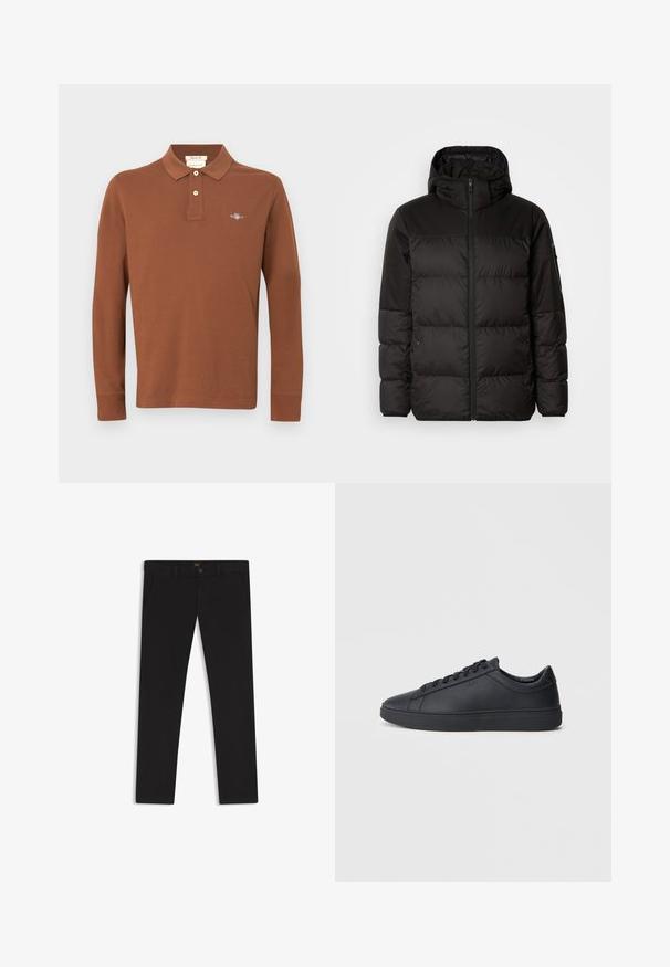 Il giubbotto puffo nero presenta una chiusura con zip, un cappuccio, sezioni trapuntate e polsini elastici, realizzato in un materiale liscio e resistente all'acqua.; Polo a maniche lunghe marrone in cotone con abbottonatura a tre bottoni e logo ricamato sul petto. Tessuto liscio.; Pantaloni neri realizzati in tessuto con una superficie liscia. Presentano una chiusura con bottone, passanti per cintura e tasche laterali. Design a gamba dritta standard.; Sneakers neri realizzati in pelle liscia, con design a bassa cima, punta rotonda e suola piatta in gomma. Presentano lacci e un branding discreto.