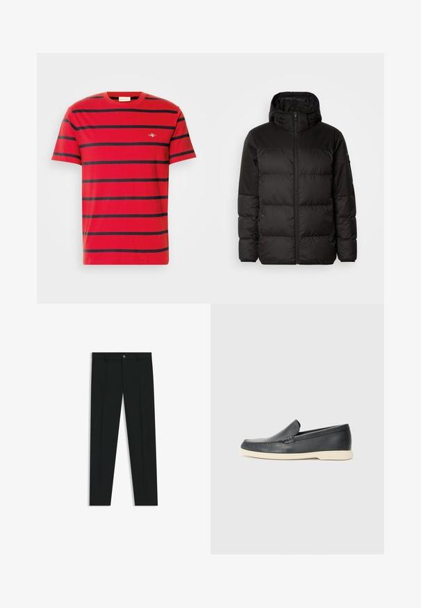 Zwarte pufferjas met ritsluiting, een capuchon, gequiltte secties en elastische manchetten, gemaakt van een glad, waterafstotend materiaal.; Rode katoenen t-shirt met horizontale marineblauwe strepen, een ronde hals en een klein geborduurd logo op de borst. Klassiek model.; Zwarte dresspants met een recht pasvorm, gemaakt van een gladde stof. Heeft een sluiting met een knoop aan de voorkant en ceintuurlussen. Effen zonder patronen.; Zwarte leren instappers met een gestructureerde afwerking en een contrasterende beige rubberen zool. Beschikt over een subtiele accent langs de voorkant.