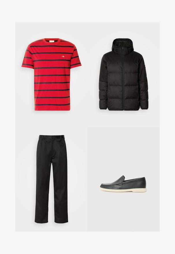 Mustikas puffer-jakk sisaldab tõmblukku, kapuutsi, tikandiga osi ja elastseid mansette, valmistatud siledast veekindlast materjalist.; Punane puuvillane T-särk, millel on horisontaalsed tumesinised triibud, ümar kaelus ja rindkerel väike tikandiga logo. Klasikaline lõike disain.; Mustadest siledast kangast pükstest, millel on ees nupu sulgemine, voldid ja sirged sääred. Ei mingeid nähtavaid mustreid ega aktsente.; Must musta sussid mustast nahast, millel on tekstuuriga pind ja kontrastne beež kummitald. Ees on peen aktsent.