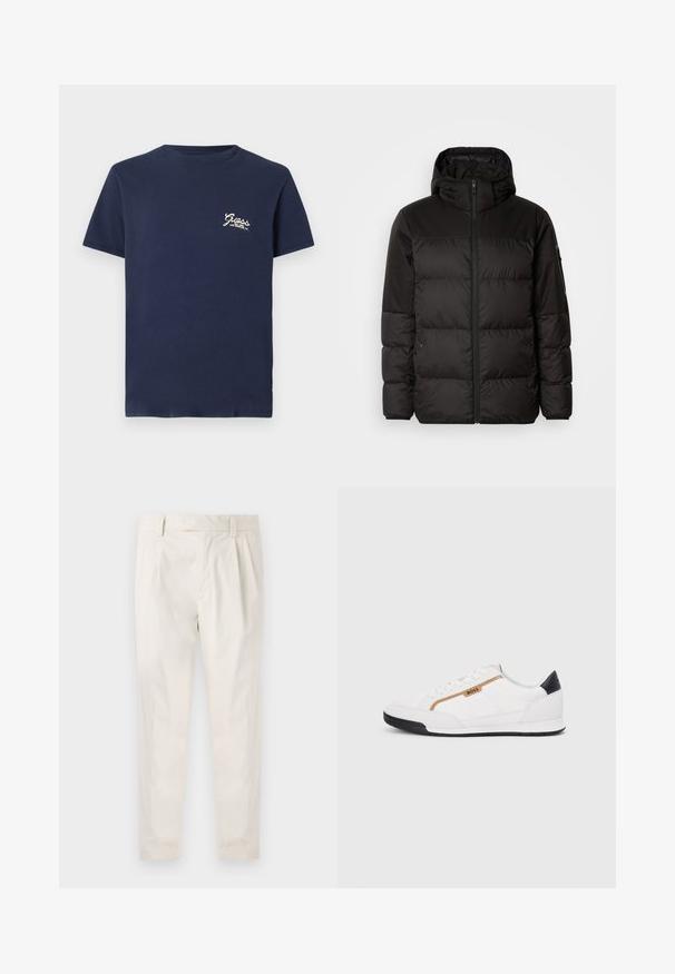 Geacă puffer neagră cu închidere cu fermoar, glugă, secțiuni quilted și manșete elastice, realizată dintr-un material neted, rezistent la apă.; Tricou cu mânecă scurtă de culoare bleumarin, cu un logo mic alb "Guess Los Angeles, CA" pe pieptul stâng, pe un fundal alb.; Pantaloni albi plisati, cu o croială ajustată, având o textură netedă, bucle pentru curea și picioare conice. Fără buzunare vizibile sau modele.; Adidași albi cu detalii din plasă și piele. Prezintă un logo auriu "BOSS", panouri laterale texturate și un capac pentru călcâi negru. Talpă din cauciuc.