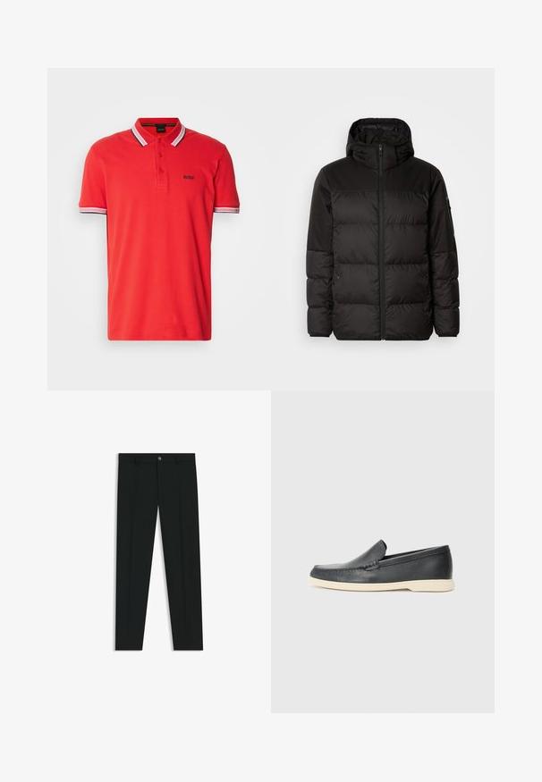 Svart puffjacka med blixtlås, huva, quiltade sektioner och elastiska mudd, tillverkad av ett slätt, vattentåligt material.; BOSS PADDY - Piké - open red; Svarta dressbyxor med rak bendesign, gjorda av ett mjukt tyg. Har stängning med frontknapp och bälteshällor. Enfärgade utan mönster.; Svarta läder slip-on loafers med en texturerad yta och en kontrasterande beige gummisula. Har en subtil accent längs fram.