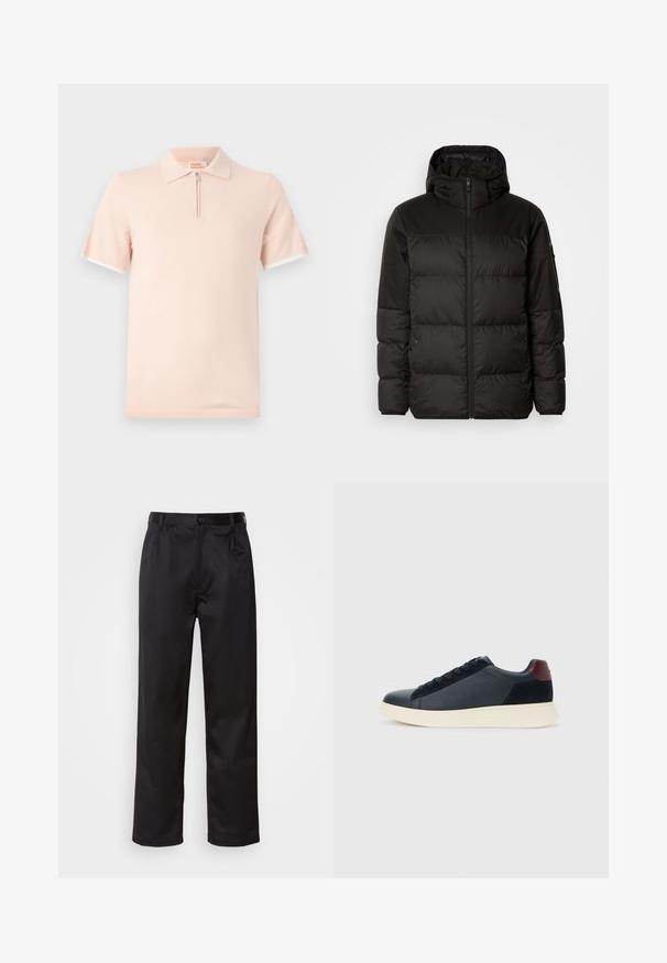 La chaqueta acolchada negra tiene un cierre de cremallera, capucha, secciones acolchadas y puños elásticos, hecha de un material suave y resistente al agua.; Polo en tejido rosa claro, con cierre de cremallera corto y acentos blancos contrastantes en las mangas y el cuello.; Pantalones negros de tela suave, con cierre delantero de botón, pliegues y patas rectas. Sin patrones ni acentos visibles.; Zapatilla baja para hombre en cuero negro y ante con un parche en el talón color burdeos y suela de goma blanca, vista desde el lado externo.